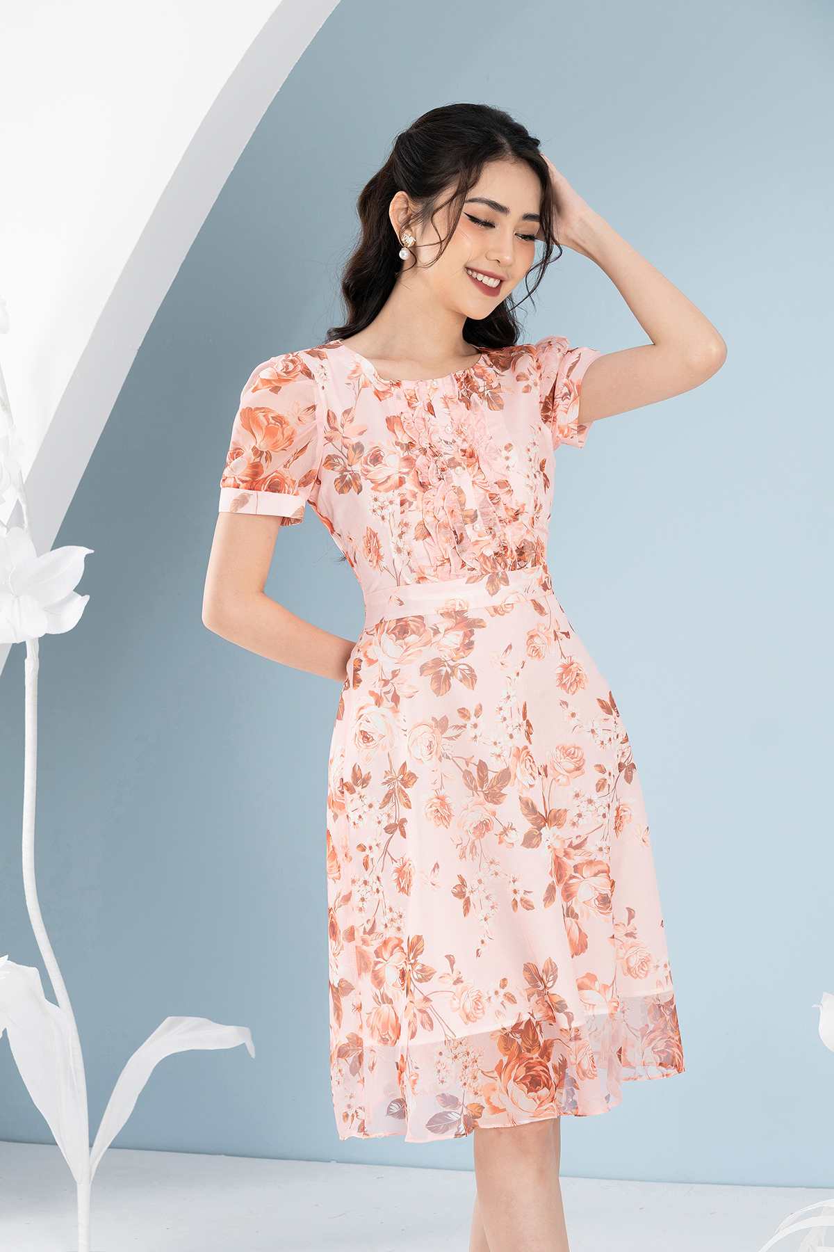 Đầm Hoa Hồng Dáng Xòe Nhẹ Nhàng Luperi LFV3291 thiết kế bèo nhún