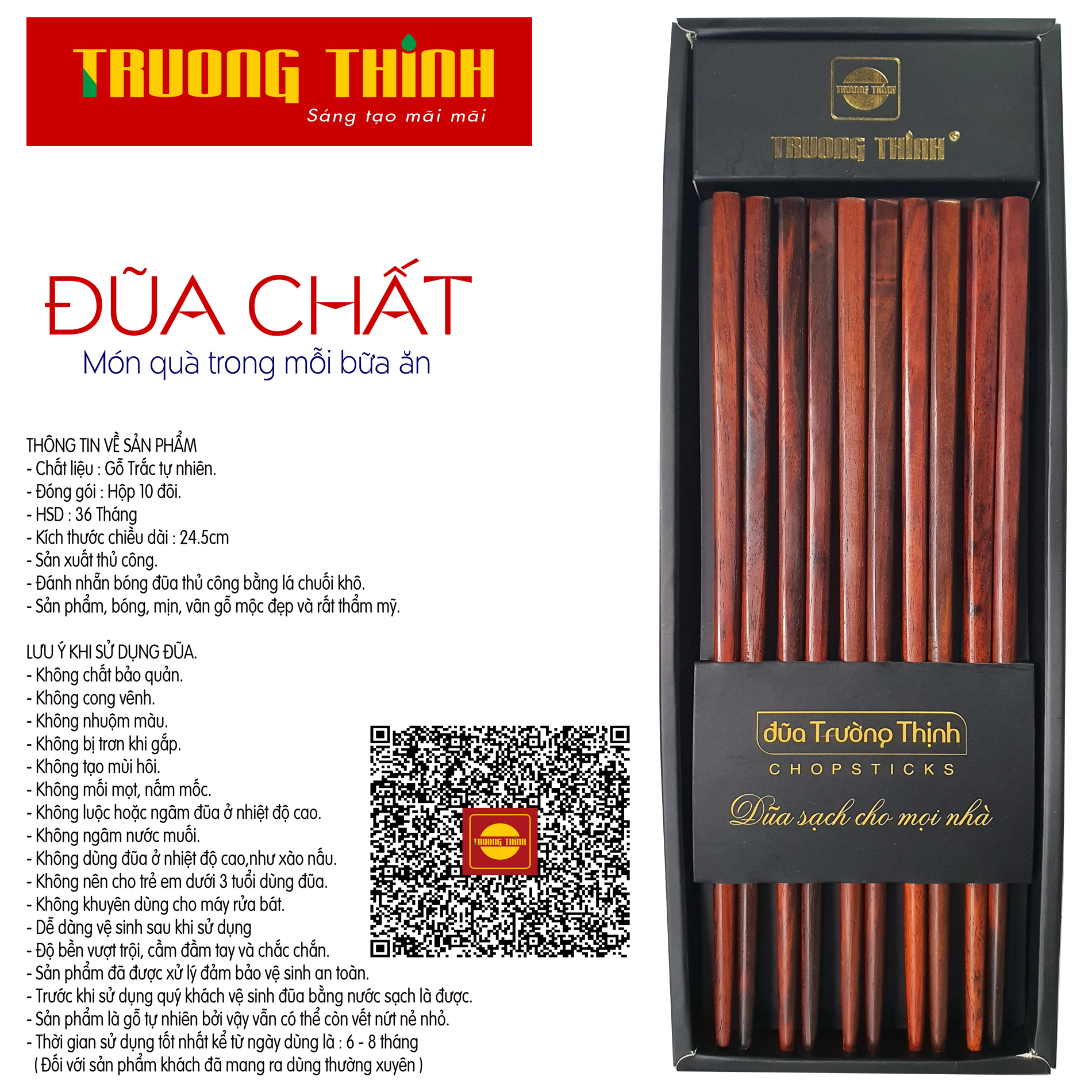 Đũa Gỗ Trắc Đỏ Cao Cấp Trường Thịnh Loại Đặc Biệt/ Hộp Màu Đen/ 10 Đôi Vuông Trơn