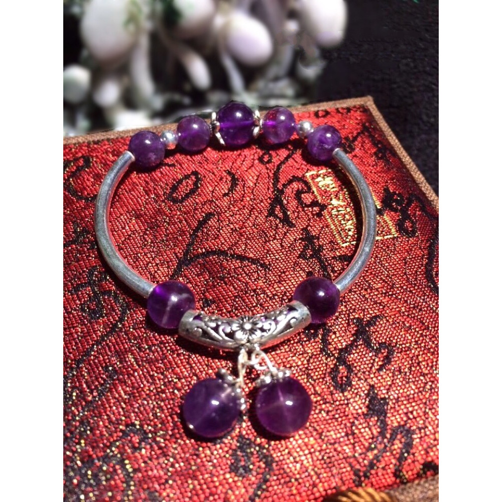 Lắc Tay Đá Thạch Anh Tím Thiên Nhiên 10 Ly Kết Charm Bạc