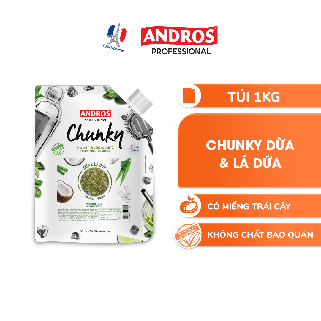 ANDROS - Chunky Dừa &amp; Dứa - Nguyên liệu pha chế - Mứt trái cây - Túi 1 kg