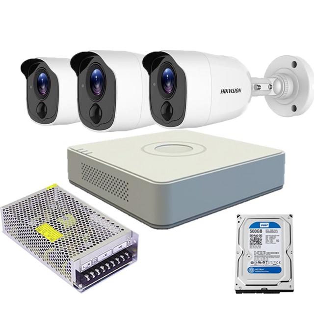 Trọn bộ 3 camera thân trụ tích hợp cảm biến PIR + đèn.Đầu ghi hình Analog 4 kênh Hikvision, hình ảnh sắc nét HD - Hàng Chính Hãng