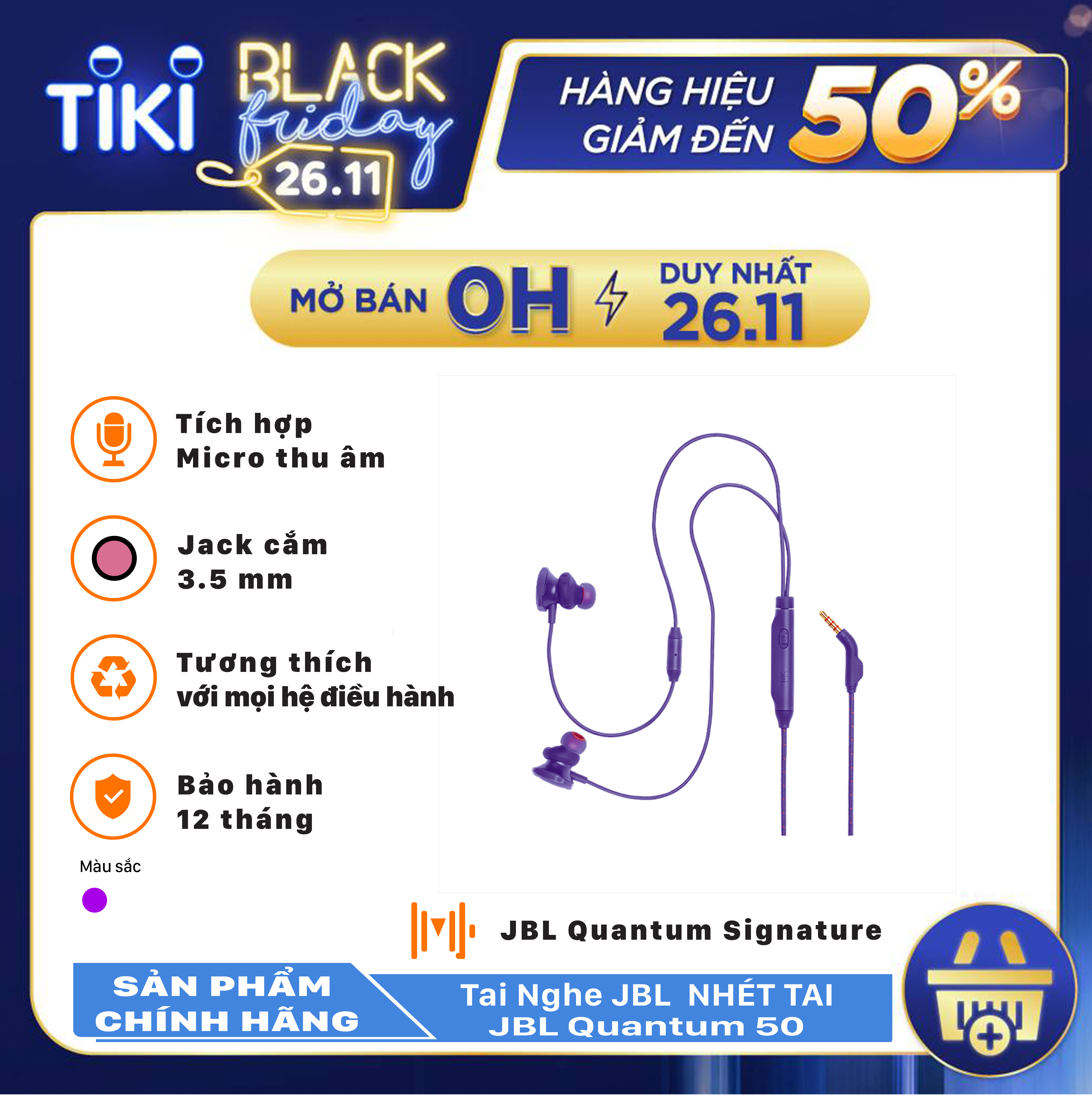 Tai Nghe Gaming Nhét Tai JBL Quantum 50 - Hàng Chính Hãng