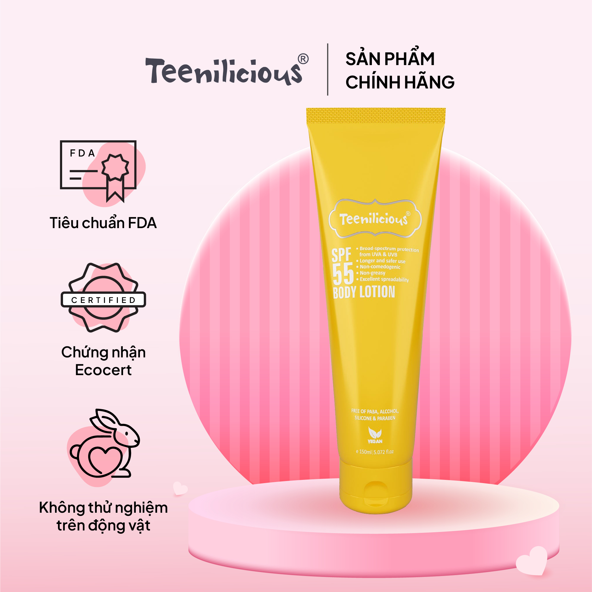 Sữa Dưỡng Thể Chống Nắng Teenilicious SPF55 Body Lotion, PA+++, Dành Cho Da Dầu Và Nhạy Cảm - 150ml