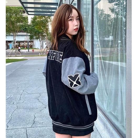 Áo Khoác Bóng Chày Bomber Varsity Nhung Tăm Cao Cấp Nam Nữ Thêu 2 Lớp Màu Đen Tay Xám By Xfire VAR-VER2NT-B/GR322