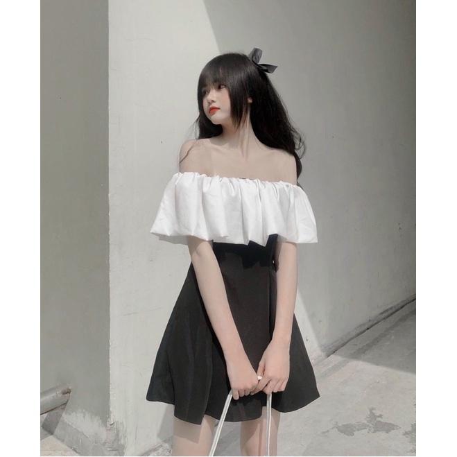 Váy bẹt vai bèo ngực trắng.