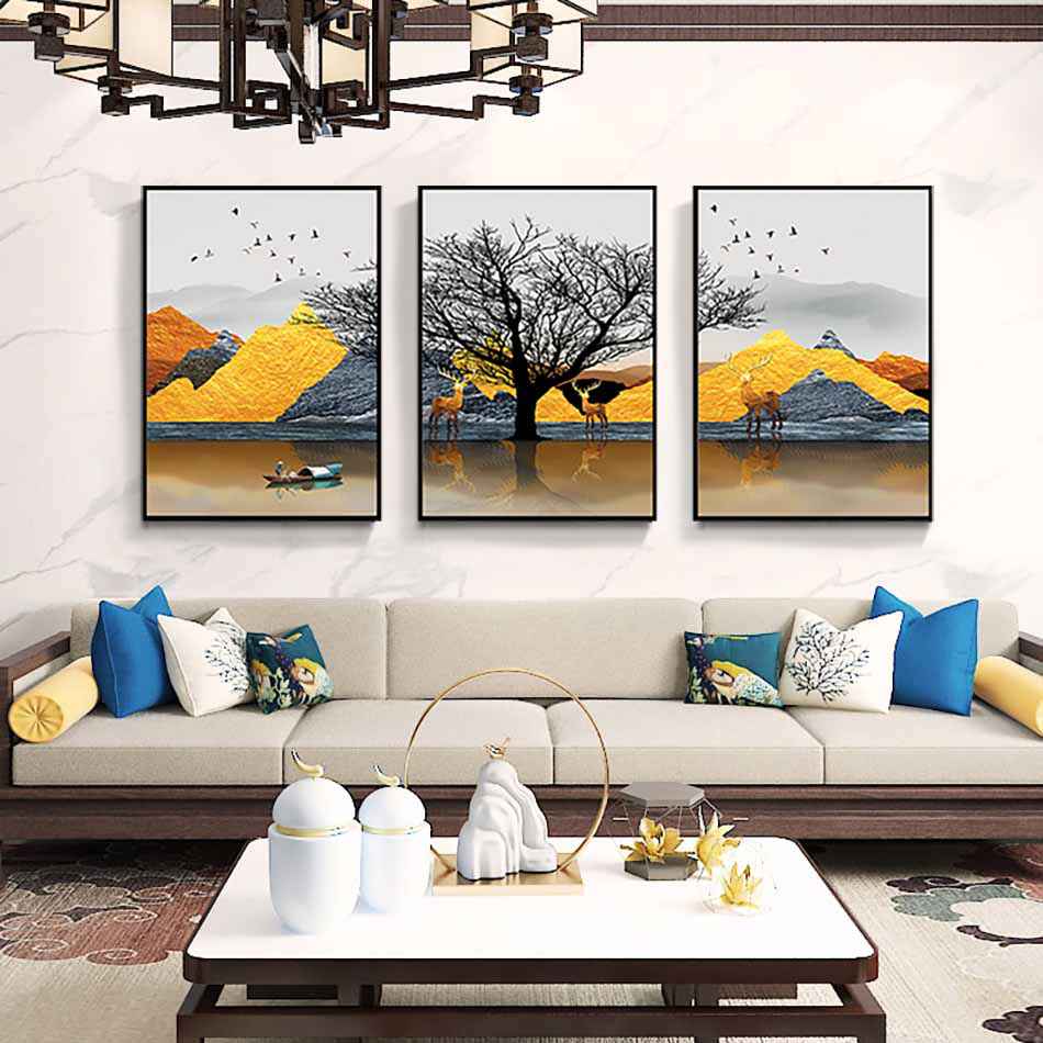 Bộ 3 tranh canvas treo tường Decor Họa tiết cách điệu hươu và sông núi - DC126