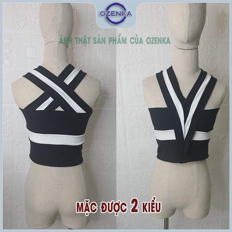 Áo croptop sát nách cổ chữ V kẻ sọc phong cách âu mỹ dệt kim OZENKA hai dây bản to vải gân 100% cotton mềm mịn