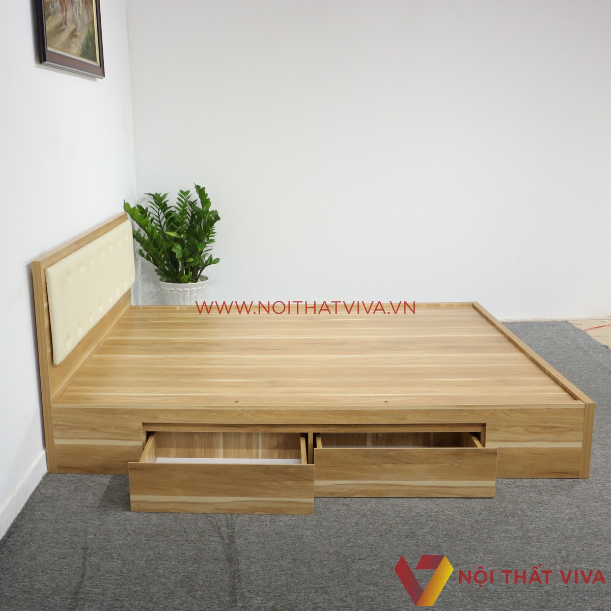 Giường Ngủ Gỗ MDF Melamine Vân Gỗ Vàng Sọc Có Hộc Kéo + Đầu Nệm Kem Đẹp