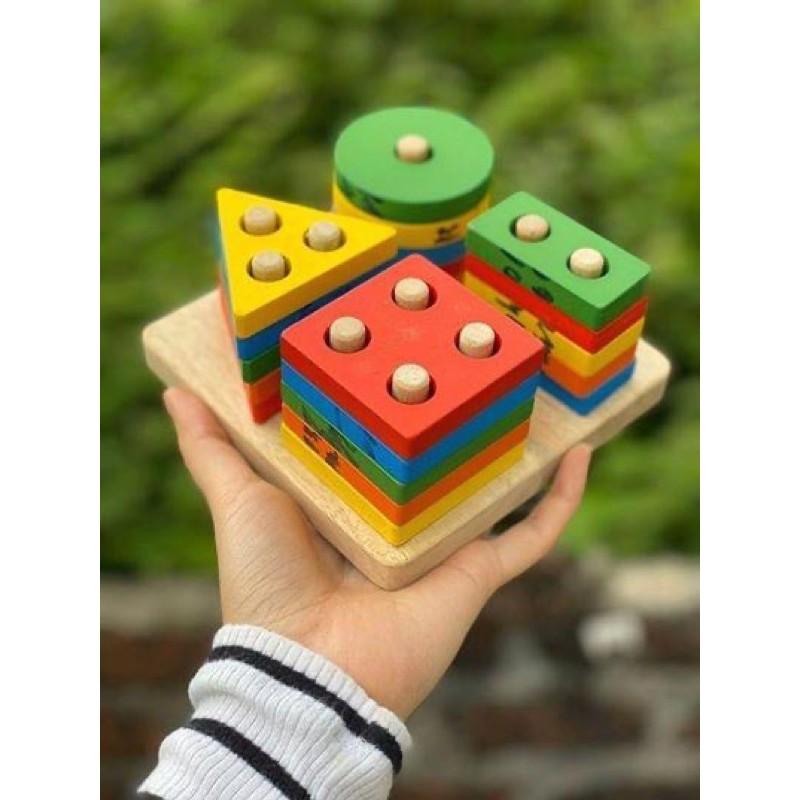 Bộ đồ chơi xếp hình thả khối bằng gỗ - Đồ chơi xếp hình Montessori cho bé phát triển toàn diện