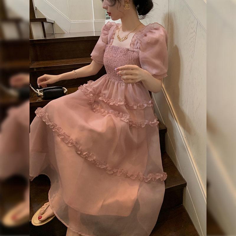 TOBE1SHOP Váy màu hồng nàng tiên Pháp ren Bouffant váy công chúa váy bánh váy lưới nàng tiên thắt lưng đầm