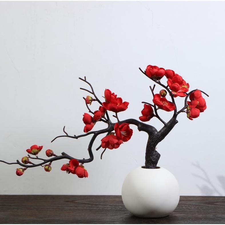 Cành hoa đào giả nhựa màu đỏ trang trí Tết đẹp HINDI 60cm mã AZHOA0032