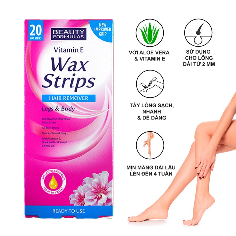 Miếng dán tẩy lông Beauty Formulas Wax Strips Legs and Body - hộp 20 miếng