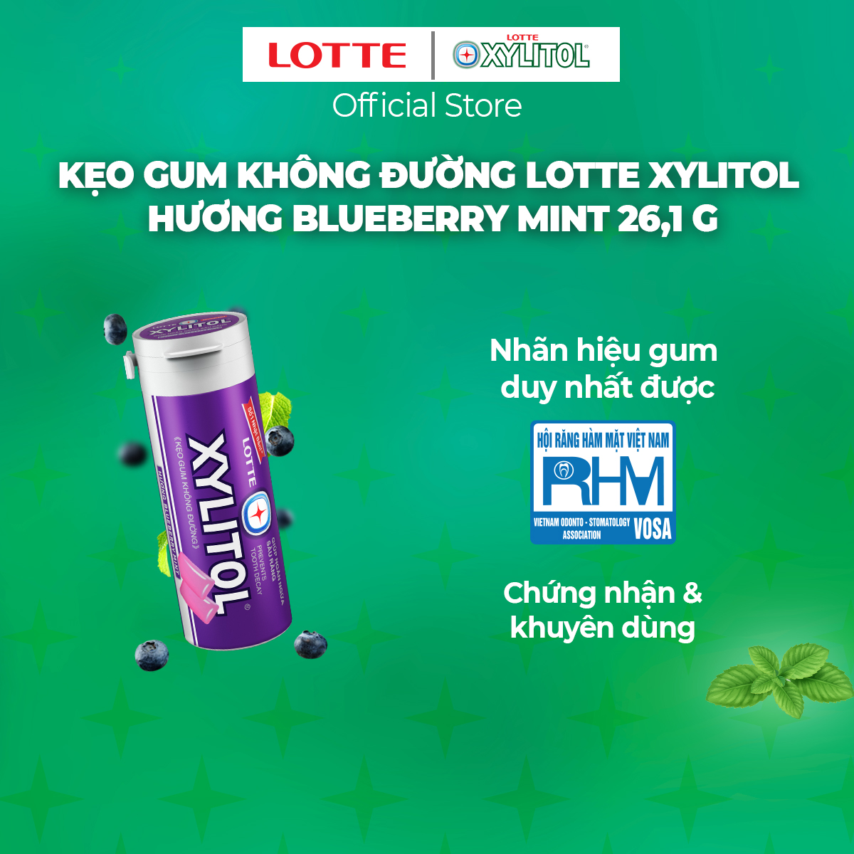 Combo 12 Kẹo Gum không đường Lotte Xylitol - Hương Blueberry Mint 26,1 g