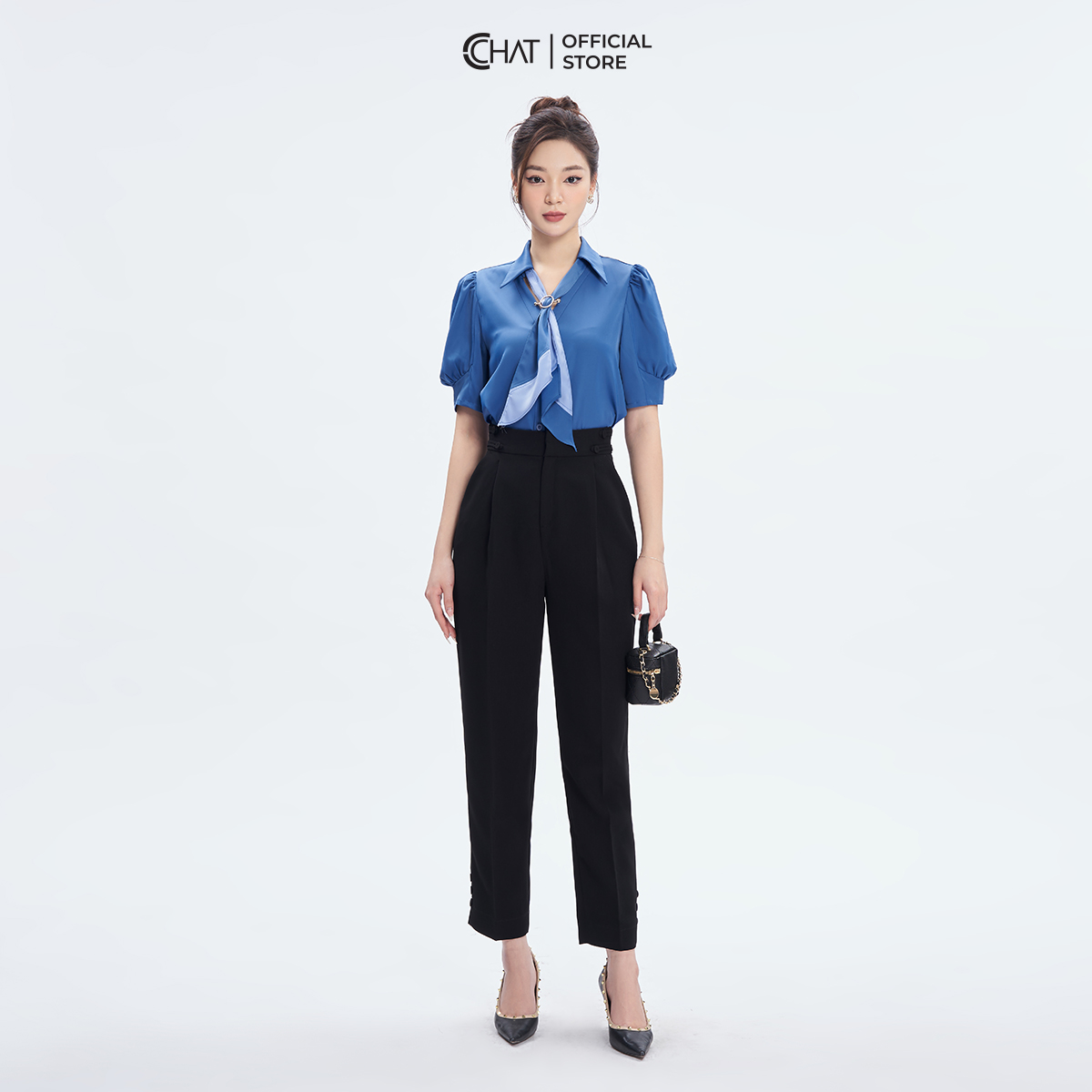 Áo Sơ Mi Nữ  Kiểu Cổ Đức Mở V Phối Khăn Chất Lụa Mềm Mịn 53SNL2005ST