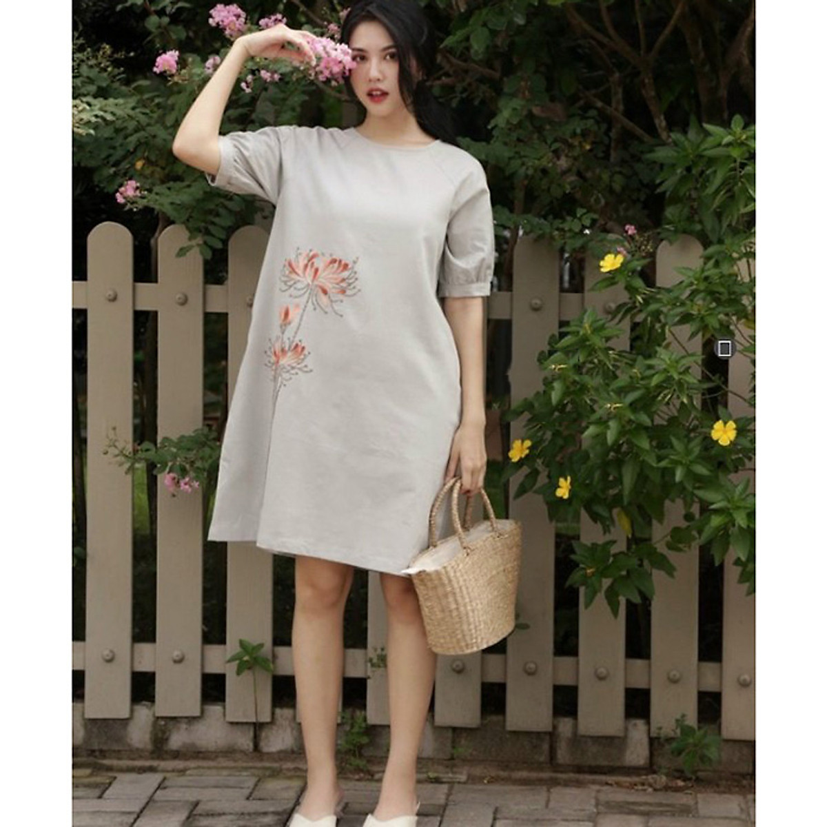 Đầm suông Linen bột Premium form rộng tay bom thêu hoa trẻ trung
