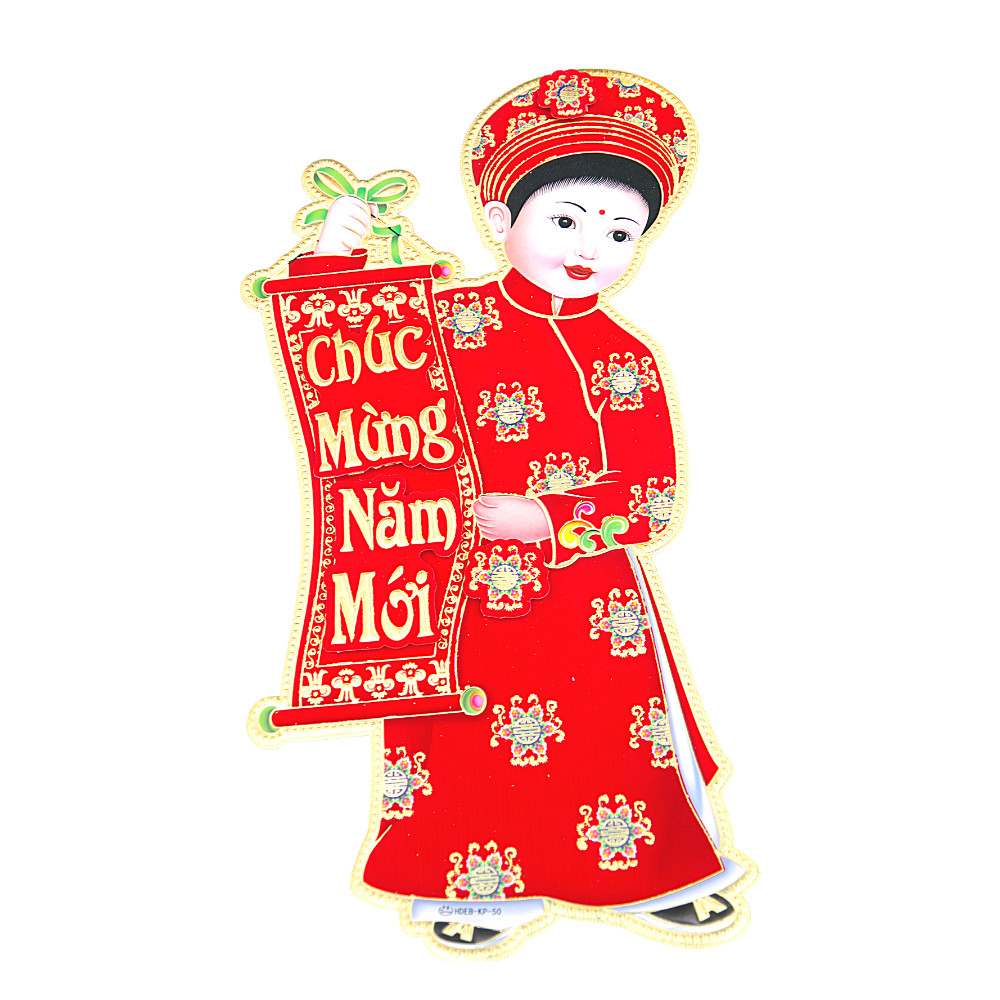 Combo Bộ Hình Dán Nổi Trang Trí Tết 2021 Ông Thần Tài Và Bé Trai Bé Gái Mặc Áo Dài - Kèm 18 Hình Dán Hoa Mai Dẻo Tặng 2 Decal Giấy Nhung Đỏ Lớn