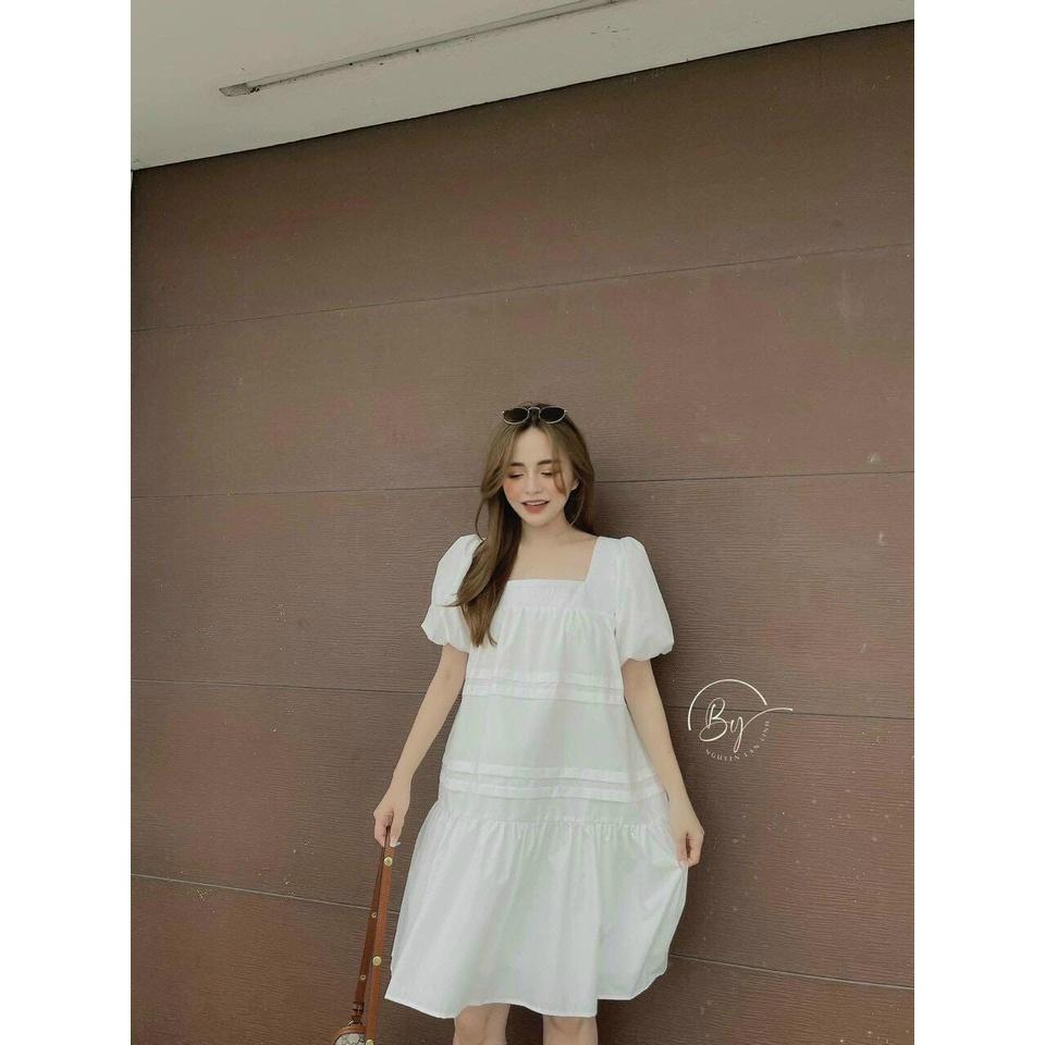 Đầm baby doll ̉ đầm baby doll dài qua gối kèm nơ siêu xinh