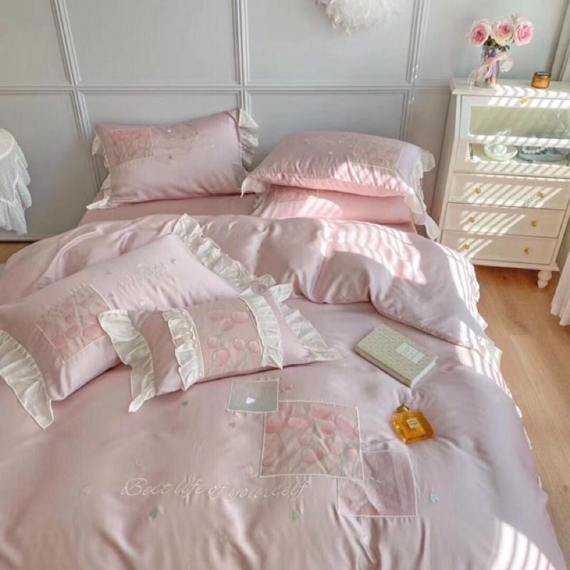 Bộ chăn ga gối hoạ tiết hoa Tulip chất liệu Tencel 60s 4 món