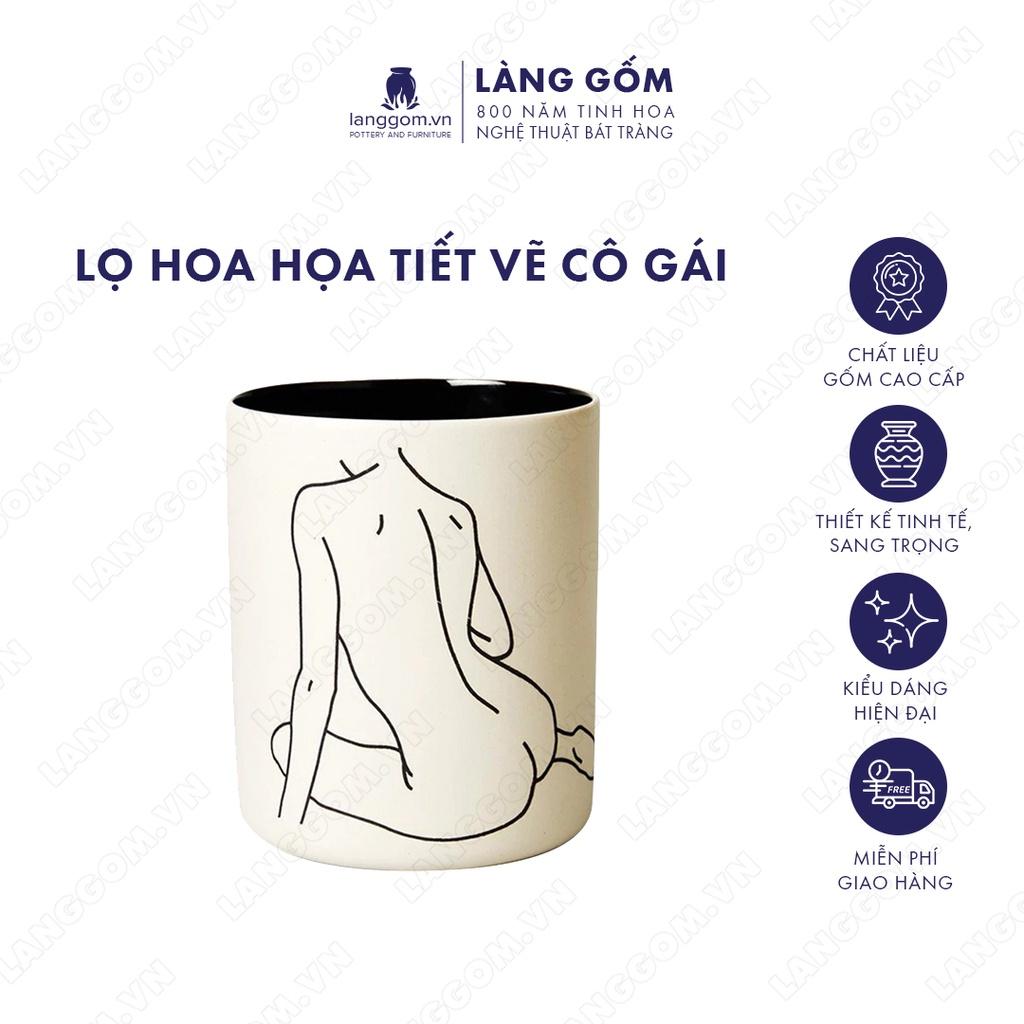 Bình hoa, lọ hoa Gốm sứ Bát Tràng cao cấp Men mát họa tiết vẽ cô gái dùng làm quà tặng, trang trí - Làng Gốm Bát Tràng