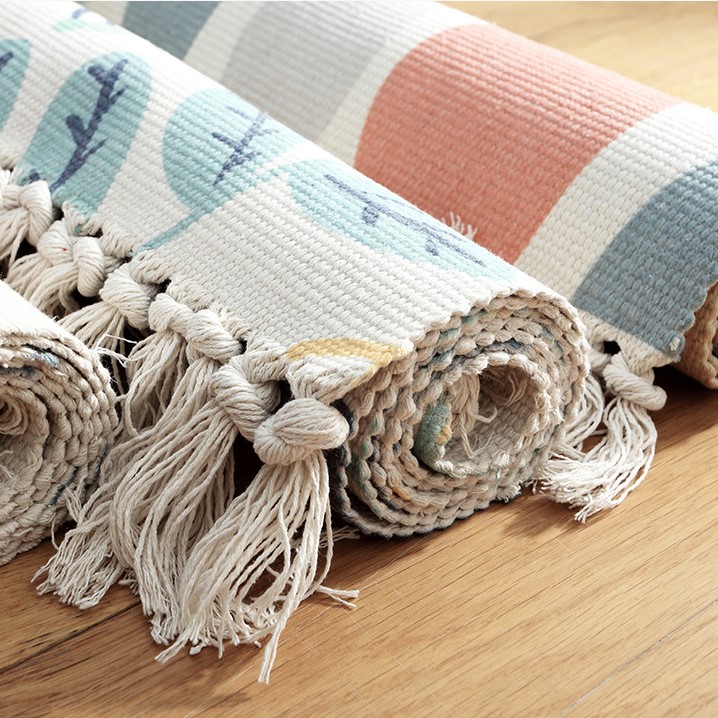 Thảm Canvas Tua Rua Trải Chân Giường Boho Trang Trí Phòng Ngủ