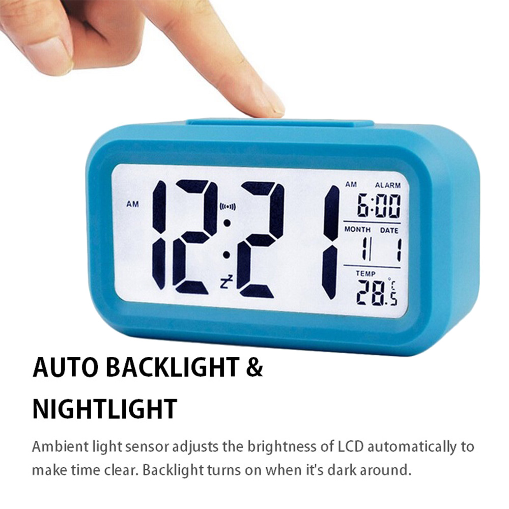 CHH1019 Đồng hồ báo thức kỹ thuật số thông minh có nút Báo lại ngày và nhiệt độ ở trên cùng Đồng hồ để bàn hình chữ nhật chạy bằng pin