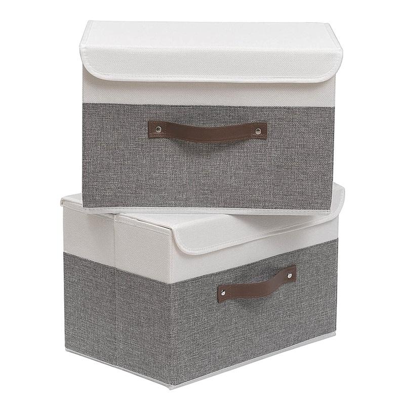 Large Collapsible Storage Box with Lid Clothing Shelf Basket Bins Toy Box for Towels Books Clothes(White/Gray,2-Pack)