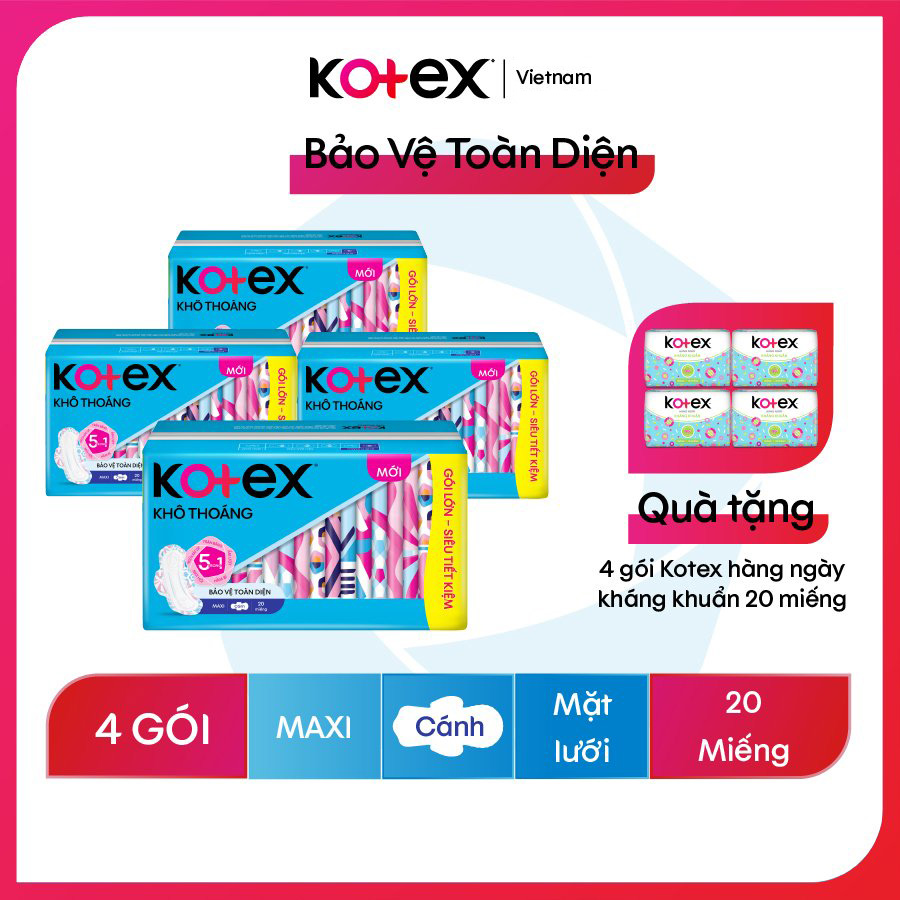 Combo 4 Băng Vệ Sinh Kotex Penta Khô thoáng Dày Cánh, Gói 20 Miếng