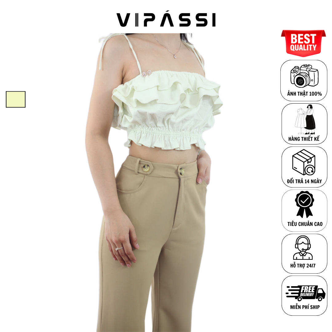 VIPÁSSI - Áo Hai Dây Linen Nhún Phối Bèo 2 Tầng Xanh Nhạt Ngắn Bo Thun Eo