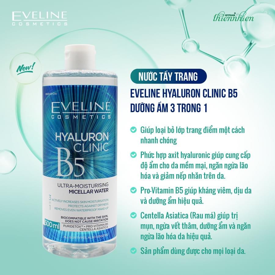 Nước tẩy trang Eveline Hyaluron Clinic B5 và tinh chất rau má 3 in 1 500ML