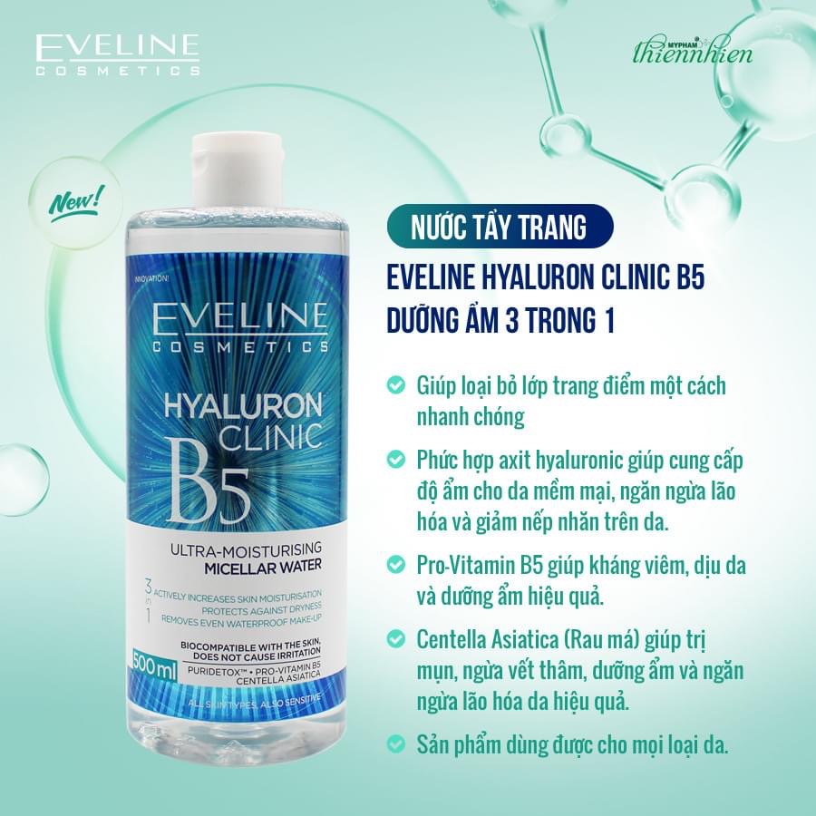 [Tặng rửa mặt Evelin] Nước tẩy trang Eveline Hyaluron Clinic B5 và tinh chất rau má 3 in 1 500ML