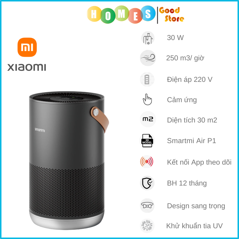 Máy Lọc Không Khí XIAOMI Smarmi Air Purifier P1, Tiêu Chuẩn Mỹ Làm Sạch Không Khí, Khử Mùi Hôi, Dị Ứng, Kết Nối App, Phù Hợp Diện Tích 30m2, Công Suất 30W - Hàng Chính Hãng