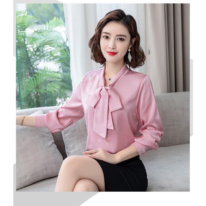 Áo Sơ Mi Kiểu Công Sở Đẹp CHIPY Tay Dài Cổ Thắt Nơ Màu Hồng Chất Lụa Cao Cấp From Rộng Hàn Quốc Ulzzang Vintage A1H