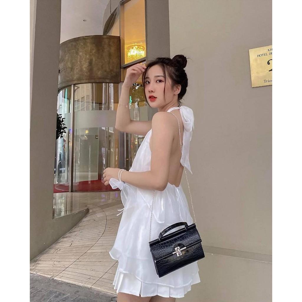 SET ÁO CỔ YẾM NƠ LƯNG + CHÂN VÁY TRẮNG XẾP LY (KÈM CỘT TÓC)