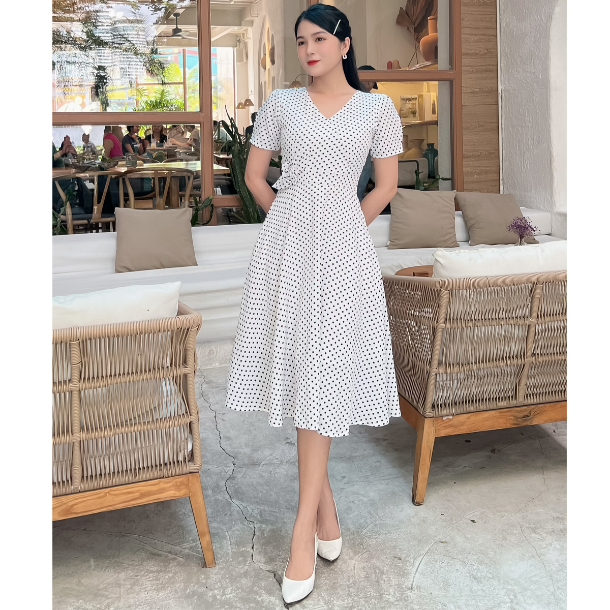 Hình ảnh [HCM] Đầm xòe chấm bi phối hoa dễ thương D086 - Khánh Linh Style- Ladyfashion