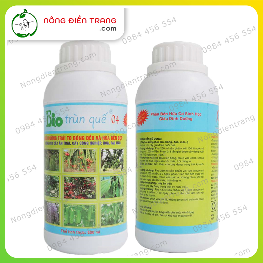 Phân Bón Hữu Cơ BIO TRÙN QUẾ 04 - Dịch chiết thủy phân trùn quế BIO 04 - Chai 500ml - Kích thích ra hoa và đậu trái; Nuôi dưỡng trái to, bóng đều và Hoa bền đẹp VTNN Nông Điền Trang