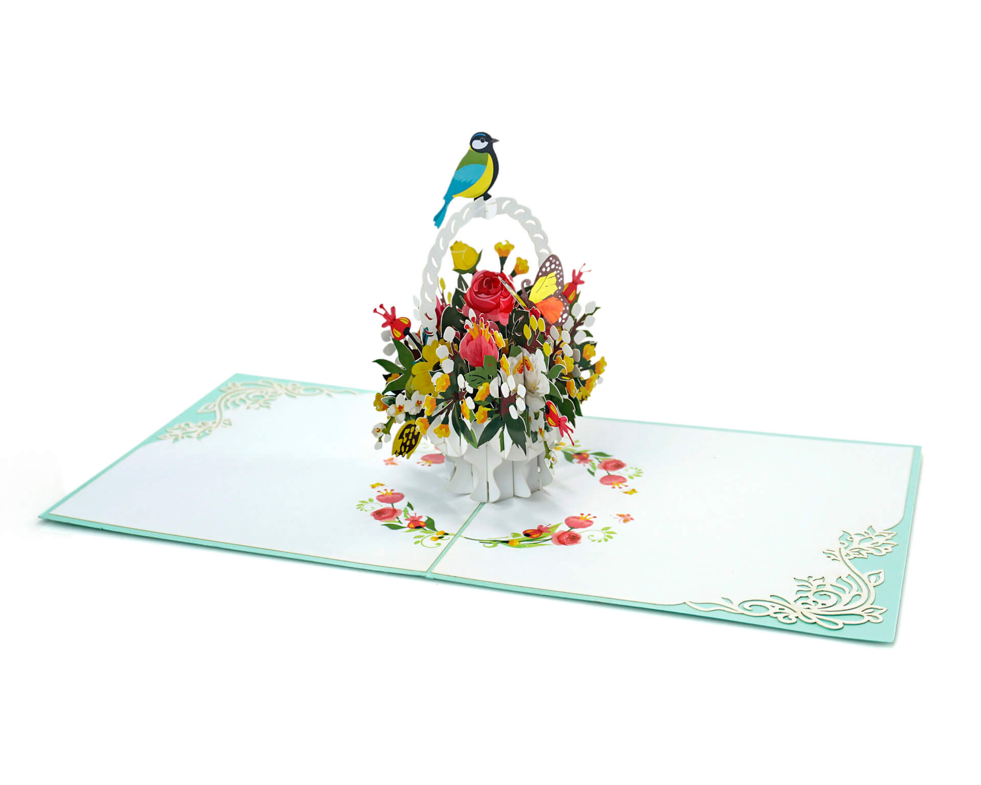 Thiệp 3D Pop Up Giỏ Hoa &amp; Chim – Thiệp Hoa Chúc Mừng, Sinh Nhật, Tri Ân, Độc Đáo, F18