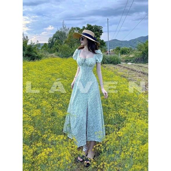 Đầm midi hoa xanh cổ thuyền tay phồng xếp ngực