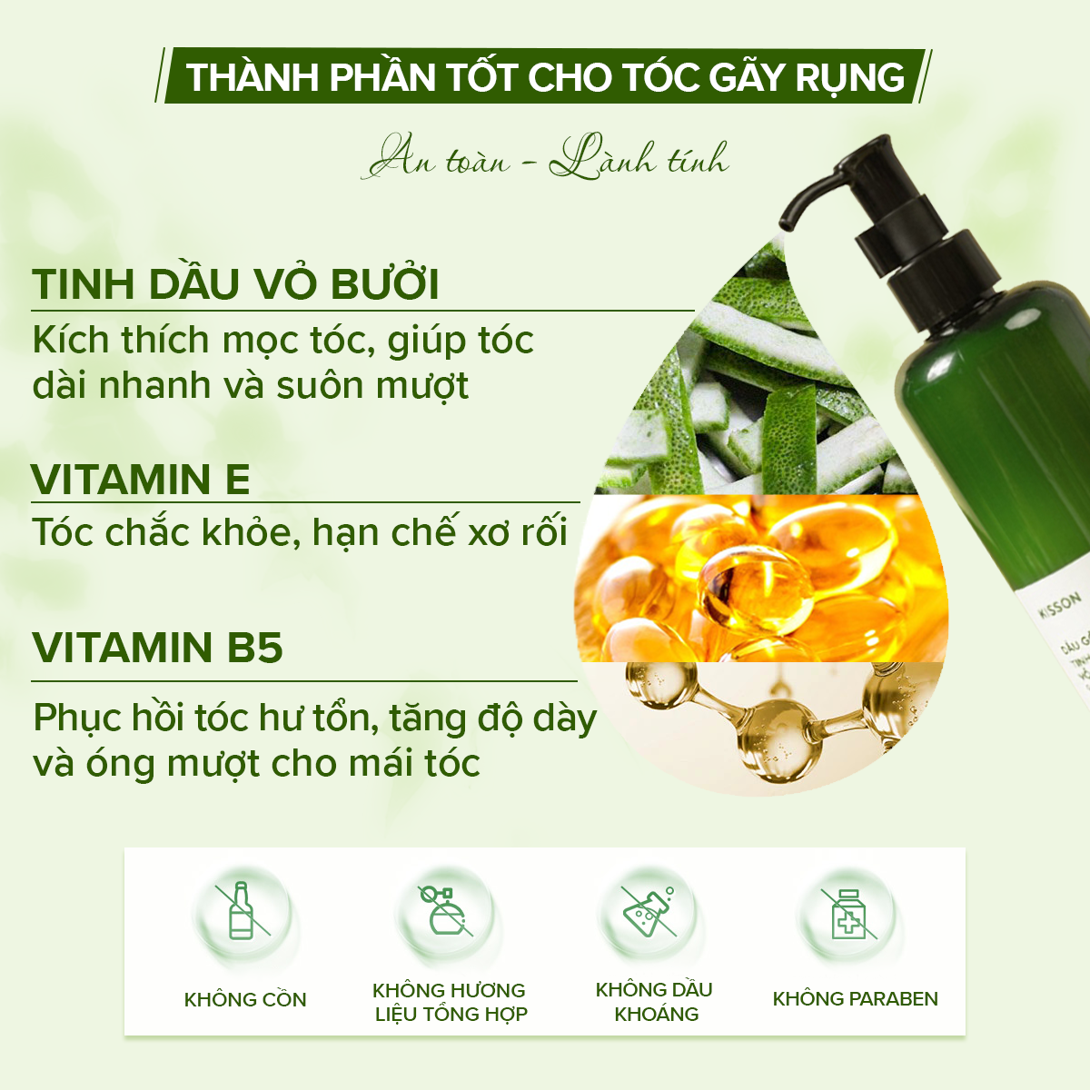 Dưỡng tóc tinh dầu vỏ bưởi KISS ON phục hồi hư tổn, giảm gãy rụng và làm mềm mượt, kích thích mọc tóc 145ml JN-KI-DT01