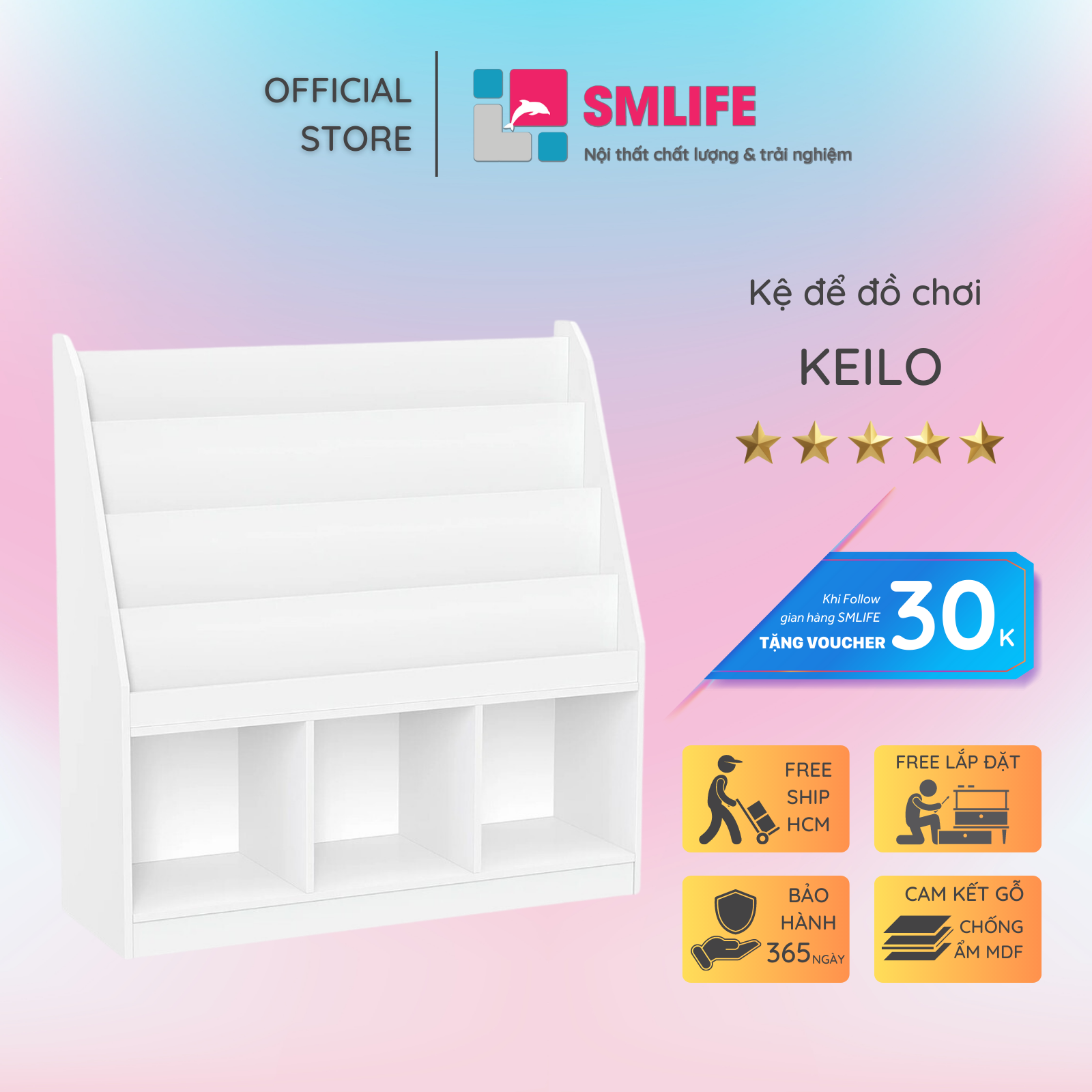 Kệ để đồ chơi cho bé SMLIFE Keilo | Gỗ MDF dày 17mm chống ẩm | D90xR30xC90cm