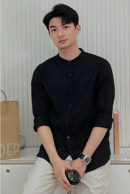 Áo sơ mi nam cổ tàu vải Linen dài tay form rộng style Hàn trẻ trung, năng động