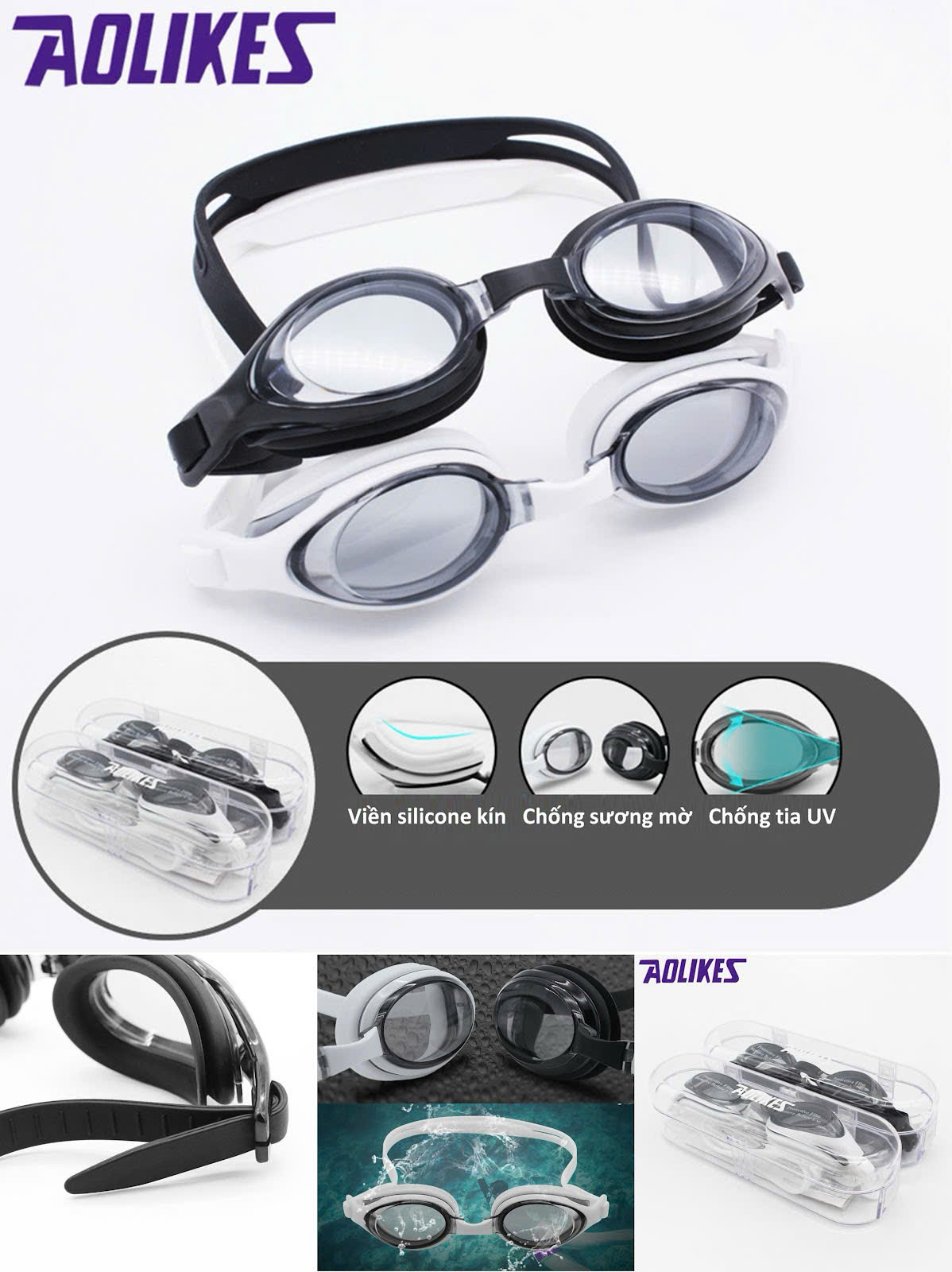 Kính Bơi Chống Nước , Chống Mờ , Chống Tia UV , Tầm Nhìn Rộng Sắc Nét , Silicon Mềm Mại AOLIKES 5005