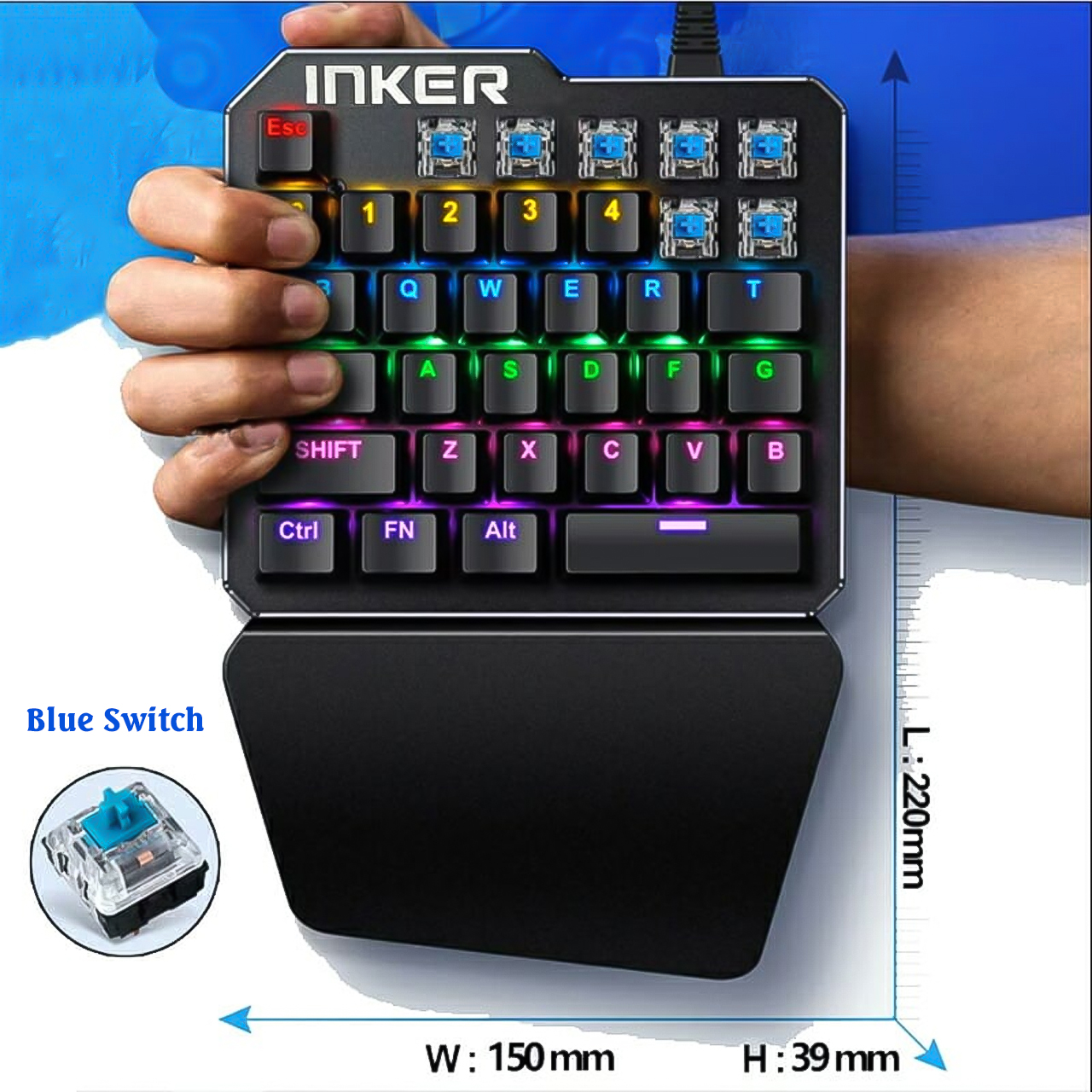 Bàn phím cơ 1 tay Vinetteam Inker K9 blue switch phụ kiện chơi game 35 phím 6 chế độ đèn led - hàng chính hãng