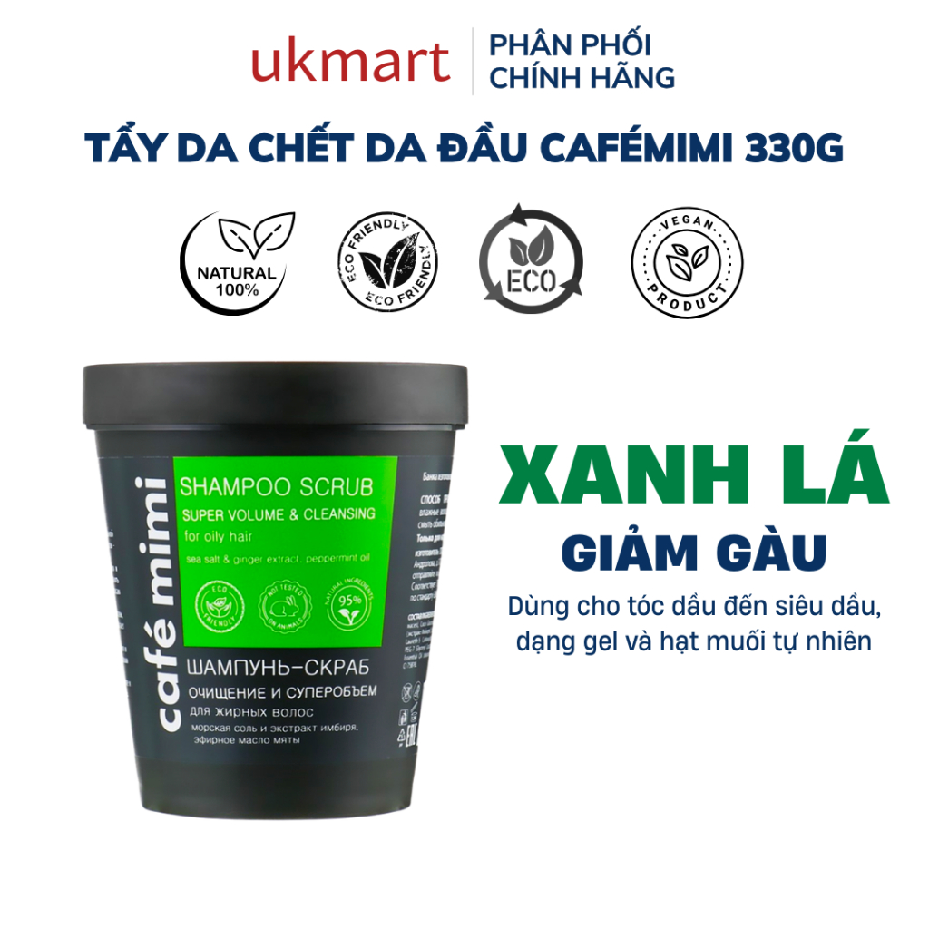 Dầu Gội Tẩy Tế Bào Chết Da Đầu Cafe Mimi Shampoo Scrub 330g Làm Sạch Sâu, Làm Phồng Chân Tóc, Hỗ Trợ Mọc Tóc – Xanh Lá Super Volume