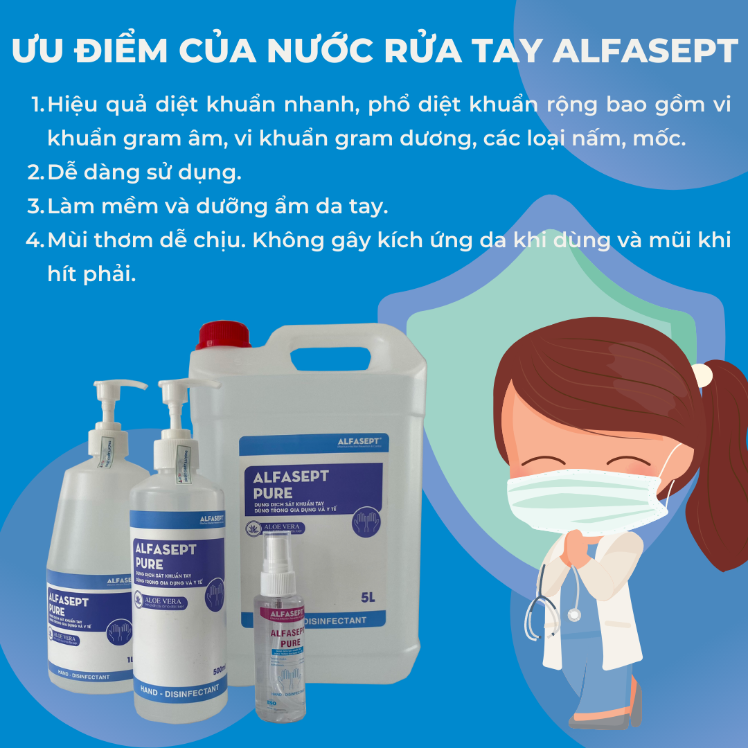 Dung dịch rửa tay sát khuẩn ALFASEPT PURE 500ml - Nước rửa tay khô tăng cường dưỡng ẩm, nước rửa tay nhanh tinh chất lô hội