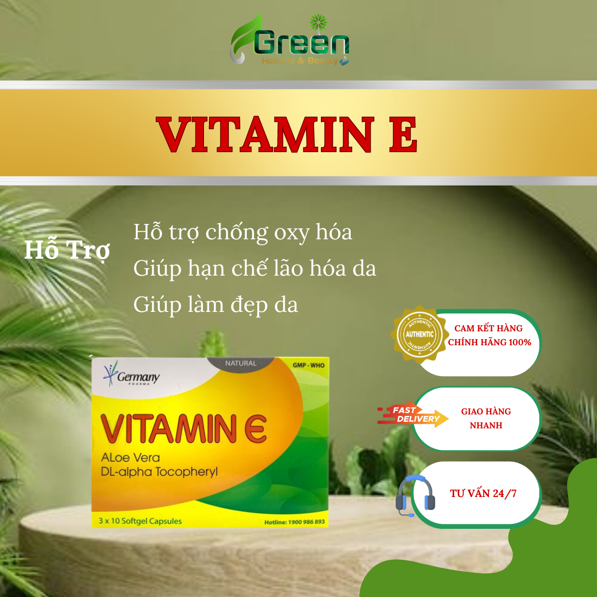 Combo 3 hộp Viên uống đẹp da VITAMIN E - Germany Pharma (Hộp 3 vỉ x 10 viên)