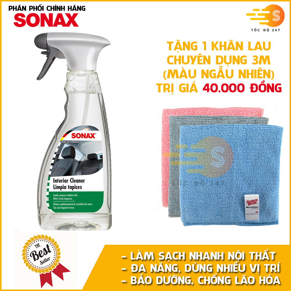 Chai xịt làm sạch và có hương thơm nhẹ nhàng nội thất đa năng Sonax 321200 500ml - tặng 1 khăn 3M màu ngẫu nhiên - Làm sạch toàn diện, tay nắm, vải bọc nệm da, nhựa, trần xe, cửa sổ trời