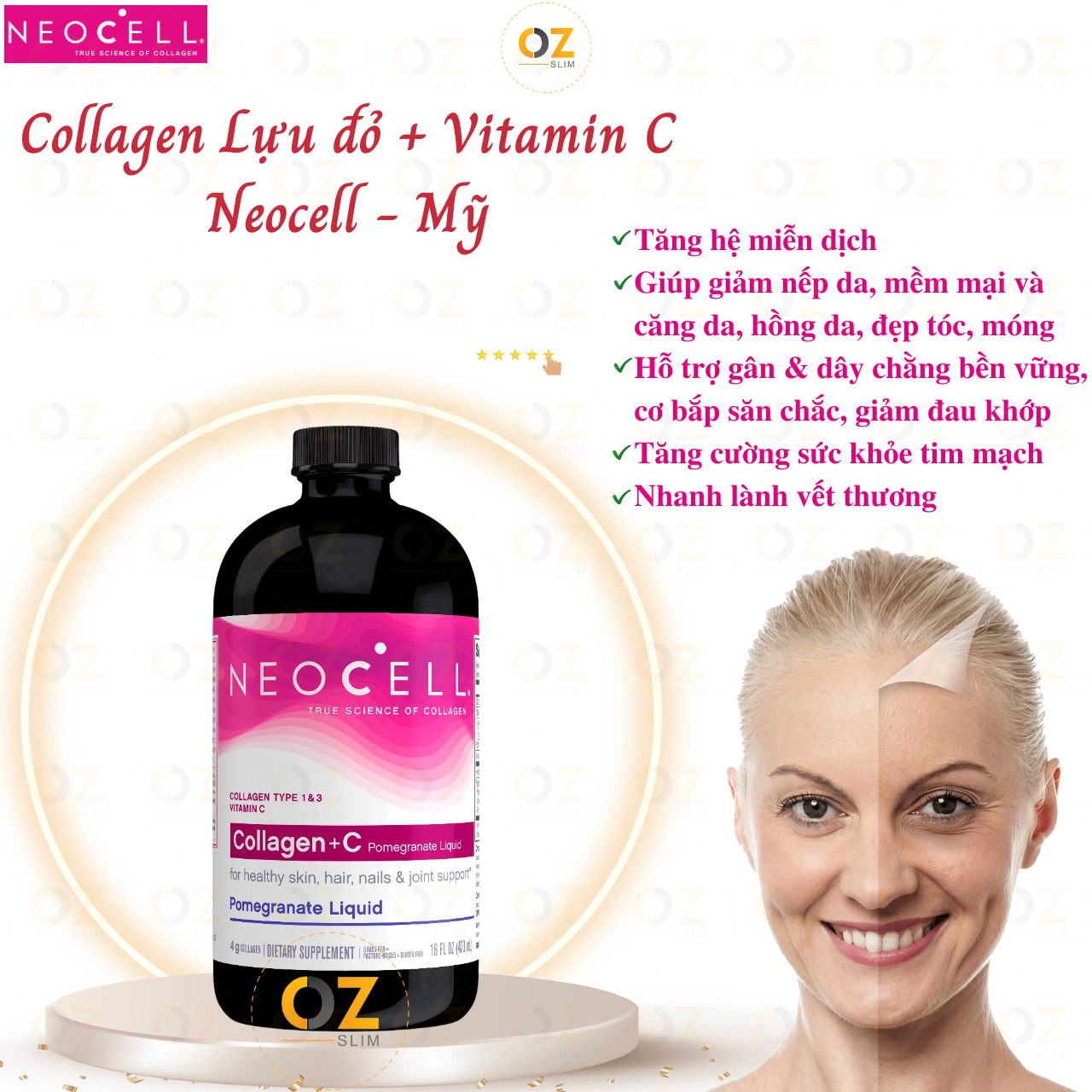 Collagen nước lựu đỏ Mỹ Neocell tạo sức khỏe cùng vẻ đẹp từ bên trong cho da, tóc, móng, xương khớp, tim mạch và tăng hệ miễn dịch - OZ Slim Store