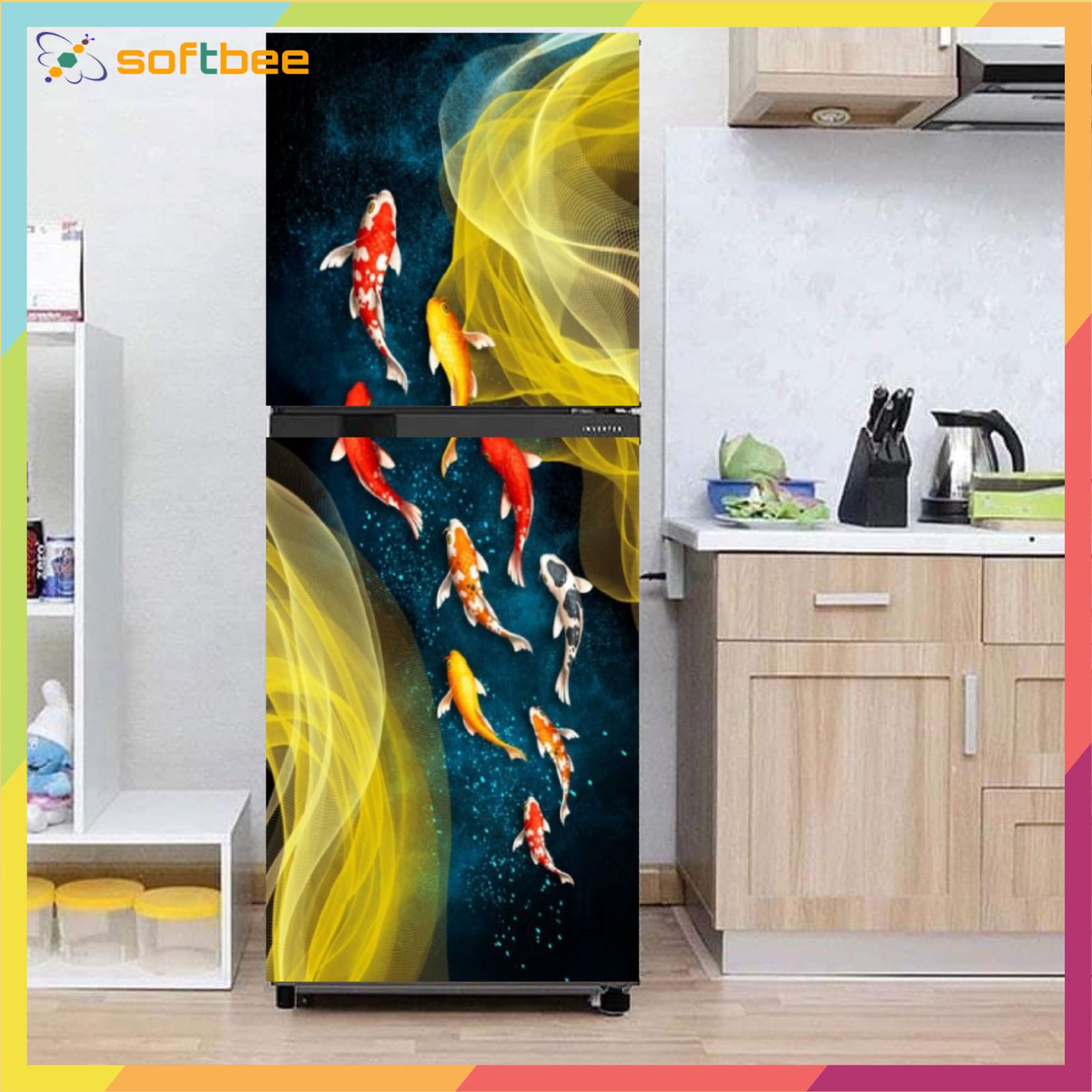 Miếng dán tủ lạnh chất liệu decal , không thấm nước, keo ngược mặt sau, bám dính chắc chắn, dễ dàng lau chùi, hình ảnh in sắc nét