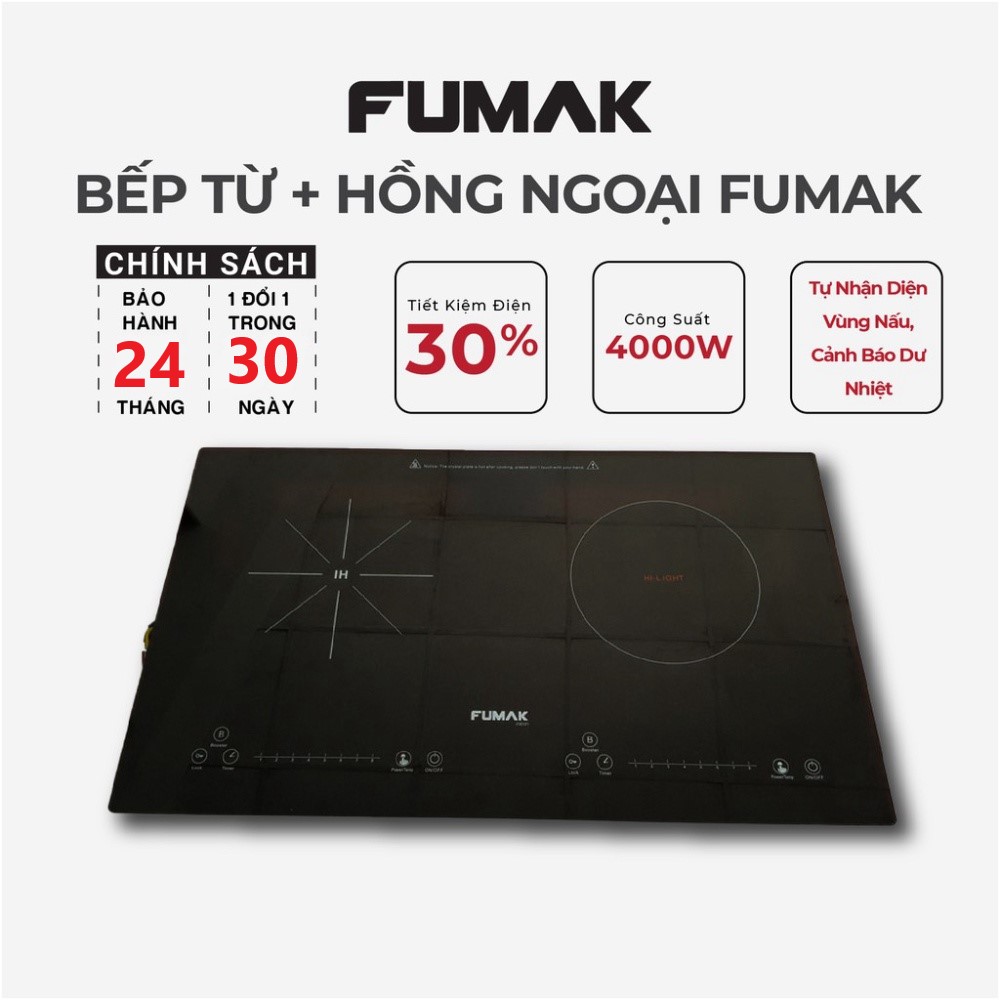 Bếp Đôi Điện Từ Hồng Ngoại Dương Fumak FM-CF2000 Công Suất 2000W Mỗi Bên Mặt Kính Cảm Ứng - Hàng chính hãng Fumak