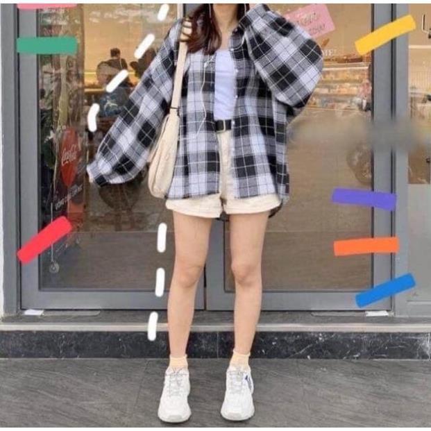 Áo sơ mi caro tay phồng siêu rộng, áo somi caro form rộng tay phồng + VIDEO, Áo Sơ Mi Tay Dài Form Rộng Họa Tiết Sọc Caro Trắng Đen Phong Cách Hàn Quốc Có 2 Màu